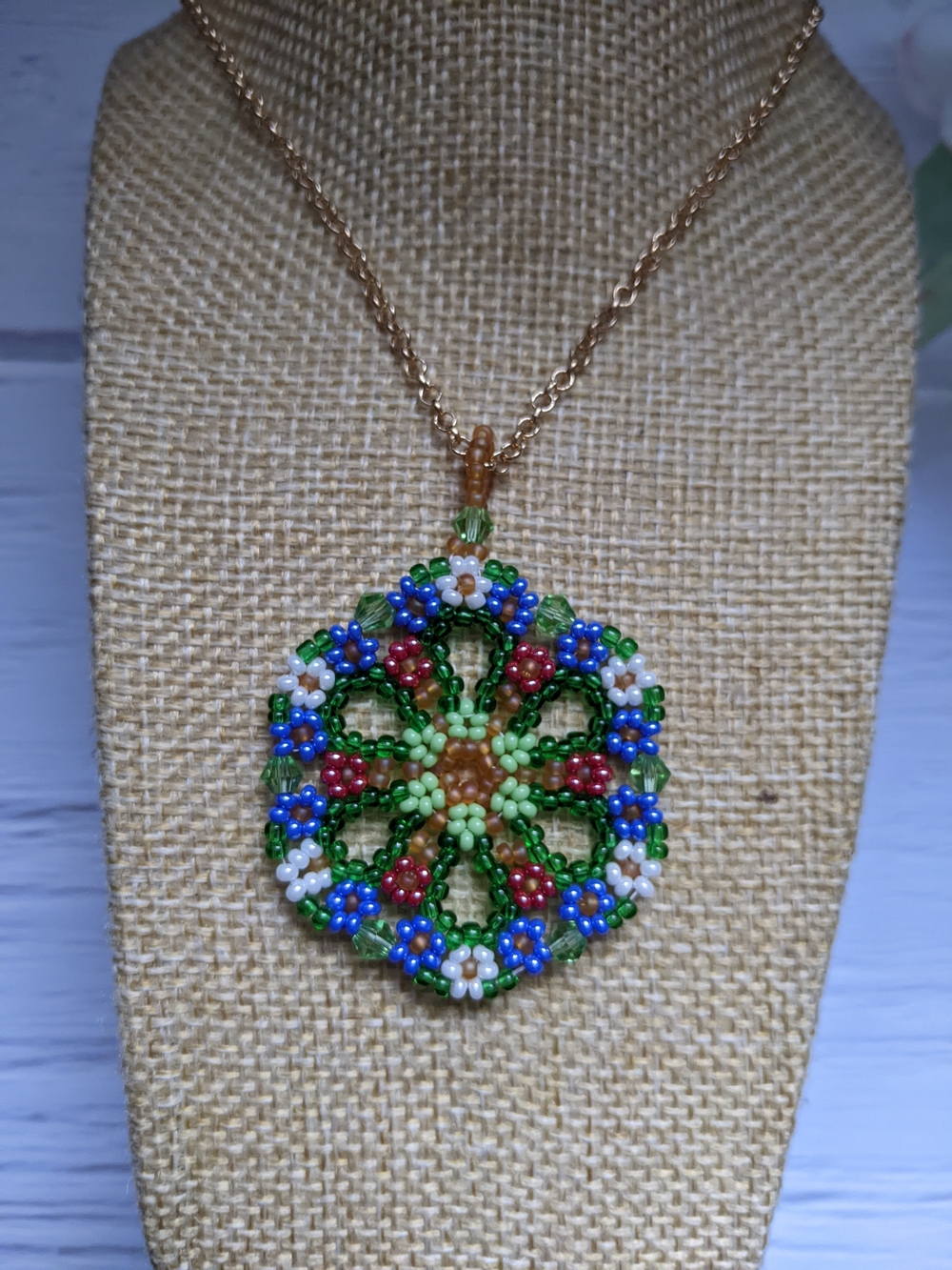 Handmade Multicolor Beaded Flower Pendant Necklace - Green Accent